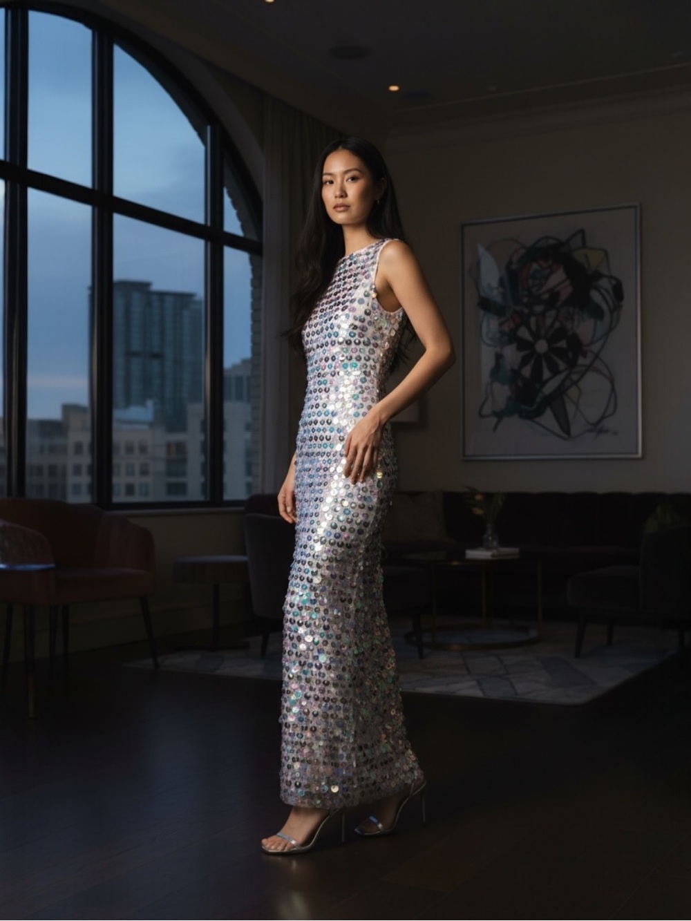 THE NEW ARRIVALS Sequin Embellished Silver Maxi Gown FR34/US0